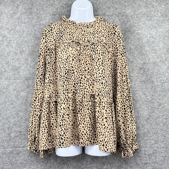 C.D.M. Tops - C.D.M. Womens Leopard Print Ruffle Blouse Long Sleeve Size L Beige & Black